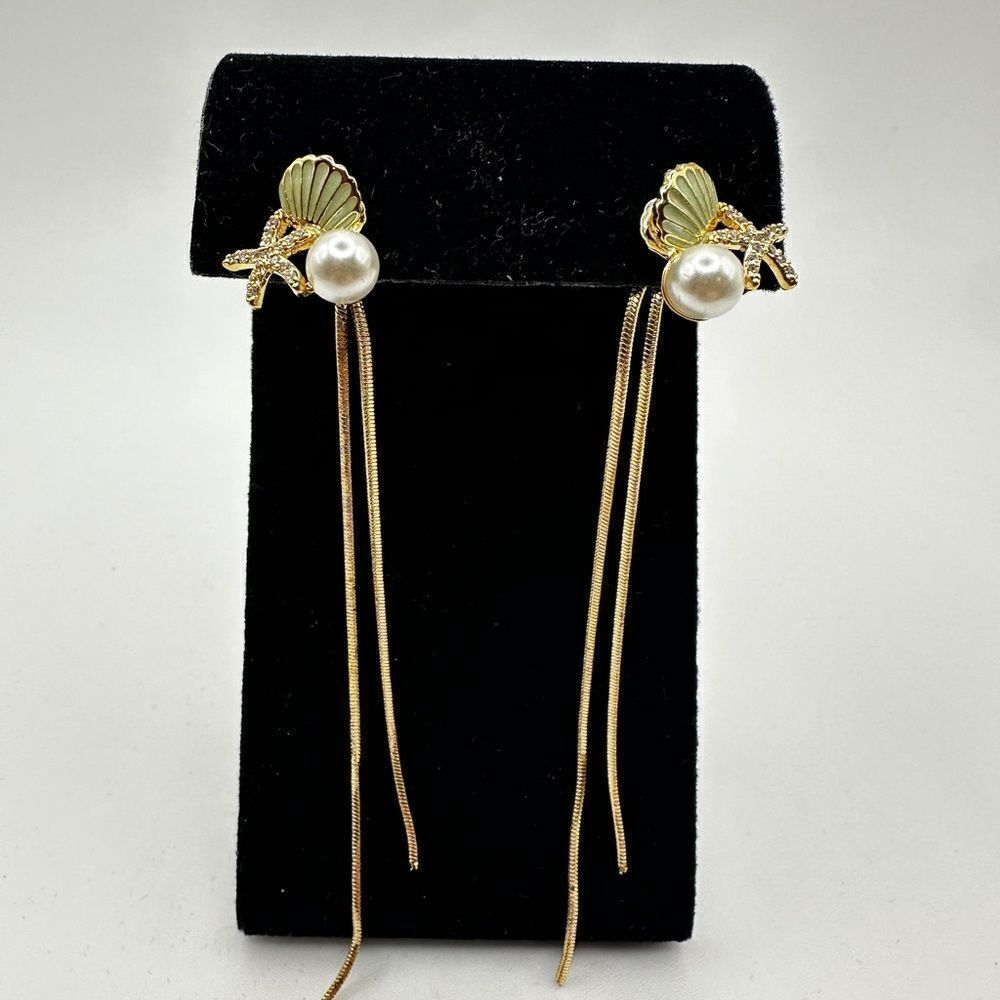 NIB Lonmaosu pearl, enamel sea shell, cz starfish, gold tone dangle earrings!